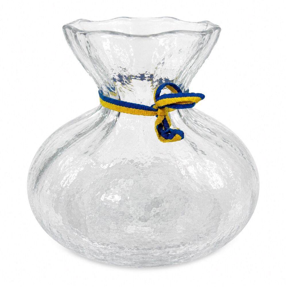 Vintage Clear Textured Art Glass Vase Pinched Rim Blue Gold Cord 6 Inch Decor